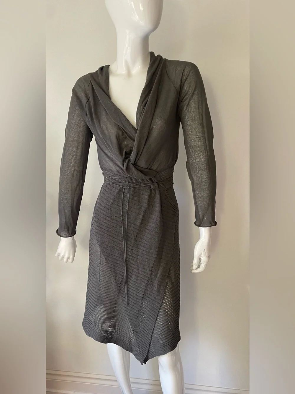 Sarah Pacini Draped Knit Wrap Dress Sweater Taupe Gray Size S M - Picture 8 of 11